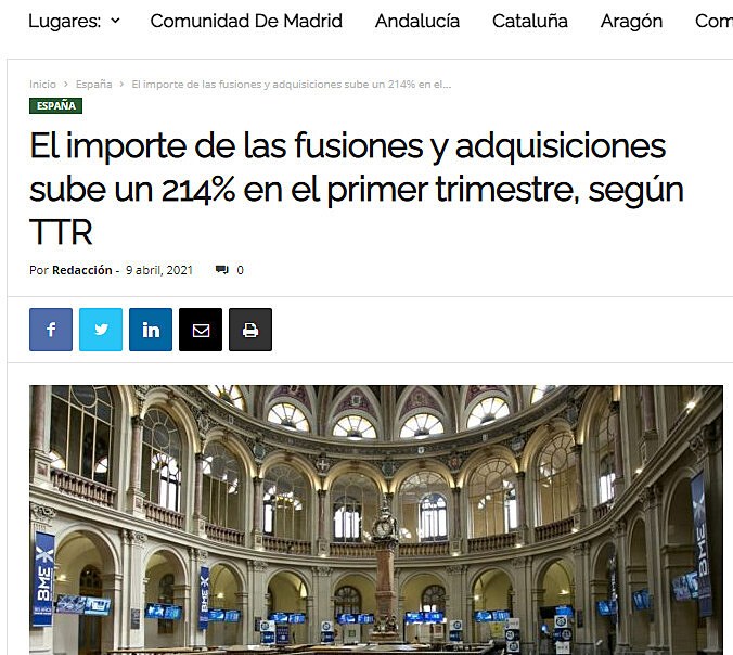 El importe de las fusiones y adquisiciones sube un 214% en el primer trimestre, segn TTR